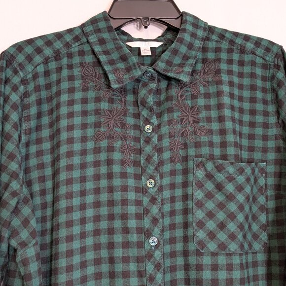 TIME AND TRU Green/Black Embroidered Long Sleeve Flannel Button Shirt; Size XL - Picture 1 of 6